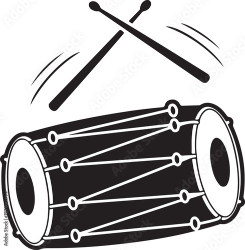 Traditional dhol drum with crossed drumsticks illustration