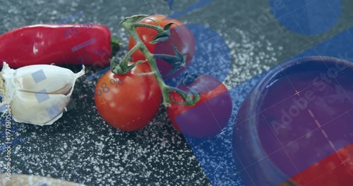 Vertical video: Camera panning and blue overlay sweeping, moving food and centering sauce, salt