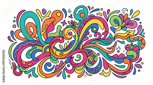 A vibrant and whimsical explosion of colorful abstract organic shapes and flowing lines, creating a joyful and energetic visual design