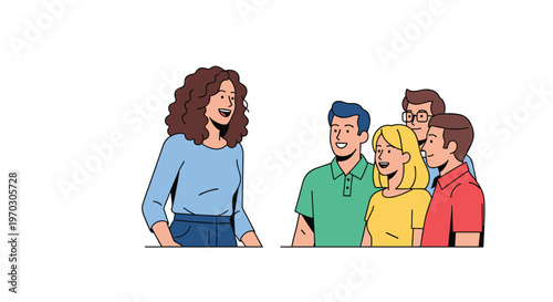 A smiling woman with curly hair is speaking to a diverse group of four attentive listeners against a plain white background.