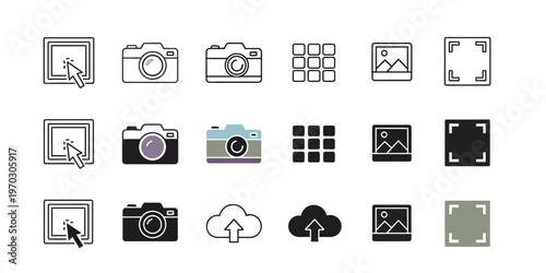 Camera and photo related icons set. different styles of image capture and management vector graphics collection
