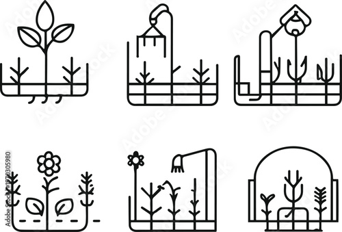 Farmer activity line icons, planting, watering, harvesting, minimal outline, consistent stroke width, white background, vecto