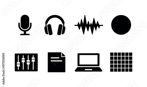 Podcast production: microphone, headphones, audio waveform, recording button, mixing console, script paper, laptop, soundproof panel