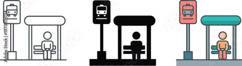 Urban bus stop icons in line, bold, and colorful styles, vector illustration for modern transportation design, public transit, and city mobility applications.