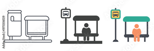 Urban bus stop icons in line, bold, and colorful styles, vector illustration for modern transportation design, public transit, and city mobility applications.
