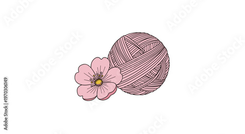 A plump ball of light pink yarn is placed next to a single delicate pink cherry blossom flower on a white background.