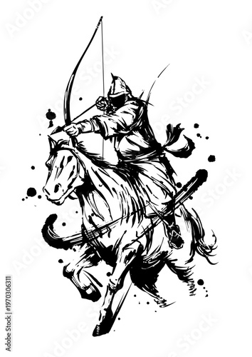 馬に乗り弓を引く侍の墨絵イラスト