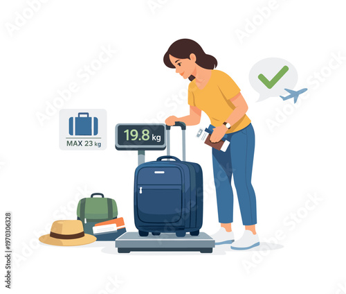 A suitcase weighing scene where a person checks luggage weight before travel in a home or airport setting with attention to limits and organization, a