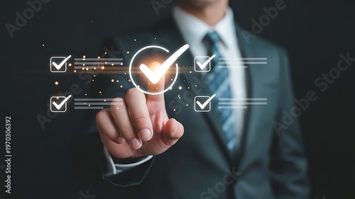 Professional businessman interacting with a virtual checklist interface for task management