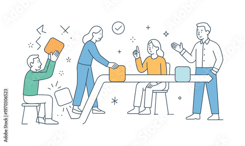 A workflow simplification and process streamlining scene showing a small team refining operations around a large straight path and minimal task blocks