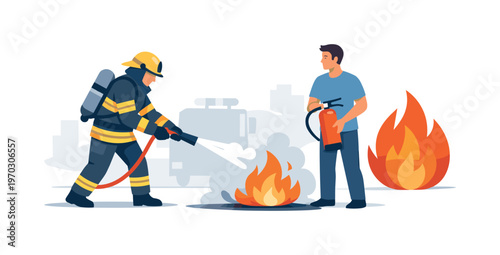 A firefighting emergency response scene where a firefighter acts quickly to control a small contained fire in a safe urban environment, a person with