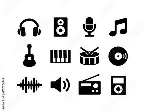 Music and audio: headphones, speaker, microphone, musical note, guitar, piano keys, drum, vinyl record, audio waveform, volume control, radio, music