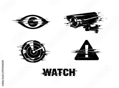 Surveillance and monitoring theme, a set of four glitch-distorted monochrome objects placed on a perfectly clean white background