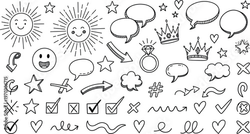 Hand-drawn Doodles Set of Fun Icons, Arrows, Stars, Sun, Hearts, and Speech Bubbles for Sketches, Illustrations, and Graphic Design