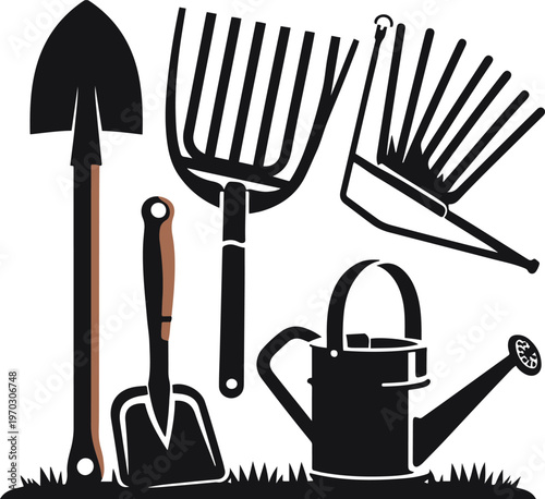 Farming tools solid icons, shovel, rake, hoe, watering can, filled black shapes, simple flat design 2