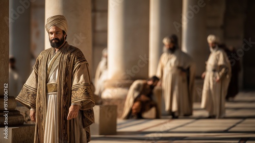 A majestic biblical scene of Daniel in new royal garments standing among Persian officials in a grand hall with tall columns and patterned stone floors, illuminated by bright daylight.
