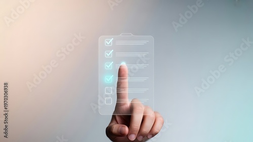 Person using a virtual touch screen to complete an online survey or a digital task checklist.