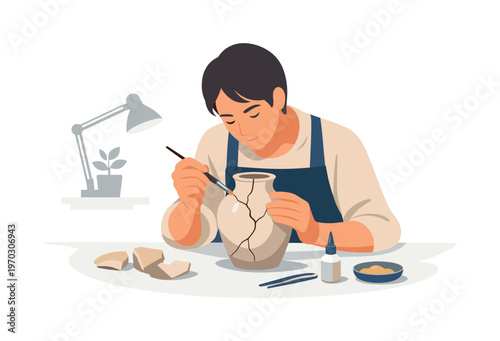 A pottery repair scene where a person carefully restores a broken ceramic object in a quiet workspace with focus on detail and patience, a cracked