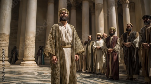 A majestic biblical scene of Daniel in new royal garments standing among Persian officials in a grand hall with tall columns and patterned stone floors, illuminated by bright daylight.
