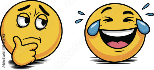 Yellow emoticons depicting contemplation and overflowing laughter on white background, vector illustration