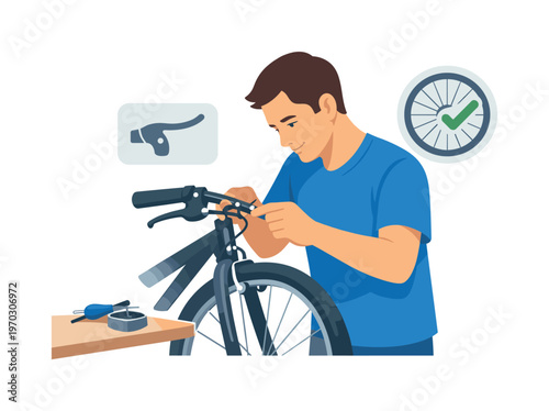 A bicycle brake adjustment scene where a person fine-tunes the braking system in a simple workshop setting with careful manual control, a brake lever