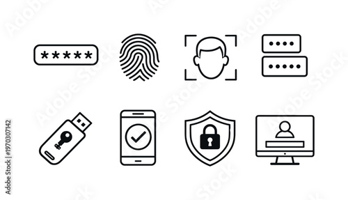 Cybersecurity authentication methods: password field, fingerprint unlock, face recognition scan, two factor code, security key USB, mobile