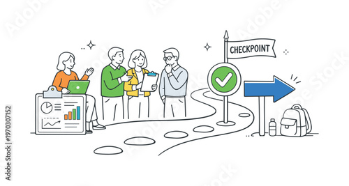 A clear progress checkpoint scenario where a team pauses to evaluate current results and confirm alignment before continuing work, centered around a
