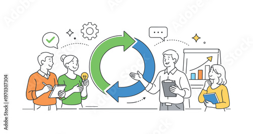 A structured feedback and continuous improvement scene featuring a small group exchanging insights around a large circular arrow and a chart, using a