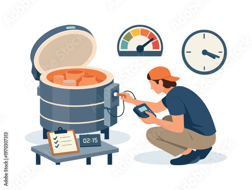 A pottery kiln temperature checking scene where a person carefully monitors heat levels during the firing process in a studio environment with
