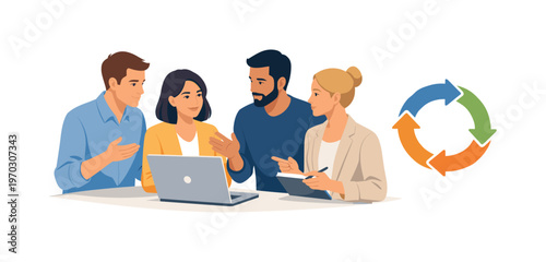 A team aligning coordinated actions during a collaborative response discussion, gathered near a laptop while interacting with a simple synchronized