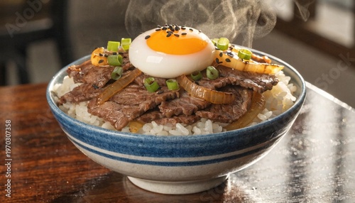 A steaming bowl of rice topped with thinly sliced beef, onions, and a perfectly poached egg, garnished with sesame seeds and green onions