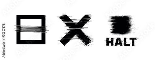 Digital interruption and system halt theme, a set of 3 glitch-distorted monochrome objects placed on a perfectly clean white background