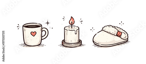 Simple cozy evening theme  a horizontal row of 3 related hand-drawn objects on a white background: a small mug with a tiny red heart on the side, a