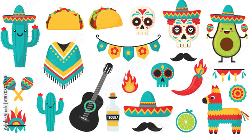 Vibrant Mexican Fiesta Collection with Cactus, Tacos, Skulls, Tequila, and Sombreros for Cinco de Mayo, Party, and Celebration Designs