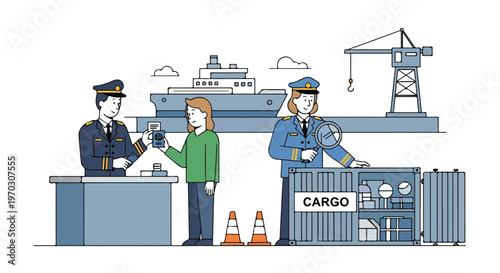 Minimal flat vector illustration of customs officers checking documents and cargo at a port inspection station, clean line art, simple geometric shapes, white background
