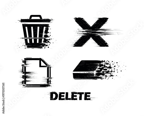 Digital deletion and data wipe theme, a set of 4 glitch-distorted monochrome objects placed on a perfectly clean white background