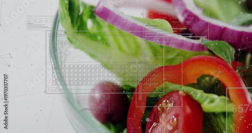 Camera panning left, zooming, glass bowl revealing greens, HUD grids sliding for food marketing