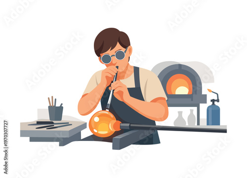 A glass blowing workshop scene where a craftsperson carefully shapes molten glass into a simple form in a controlled studio environment with steady
