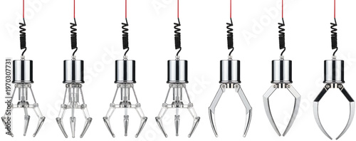 Opened and Closed Chrome Machine Claw Hand isolated on a white background. Robotic Claw Hand concept