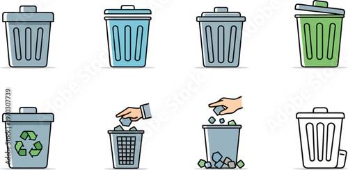 Flat Vector Icon Set of Trash Recycling Waste Bins and Garbage Sorting Containers