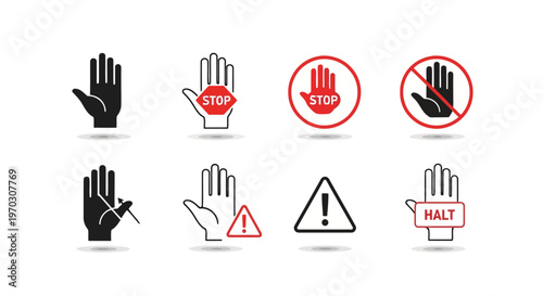 Vector Set of Stop Caution and Prohibition Hand Signs and Warning Icons
