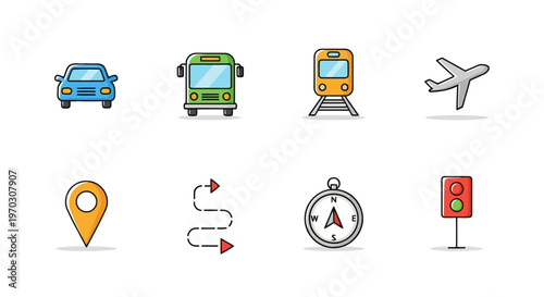 Travel and Navigation Cartoon Vector Icons Set for Tourism and Mapping Apps