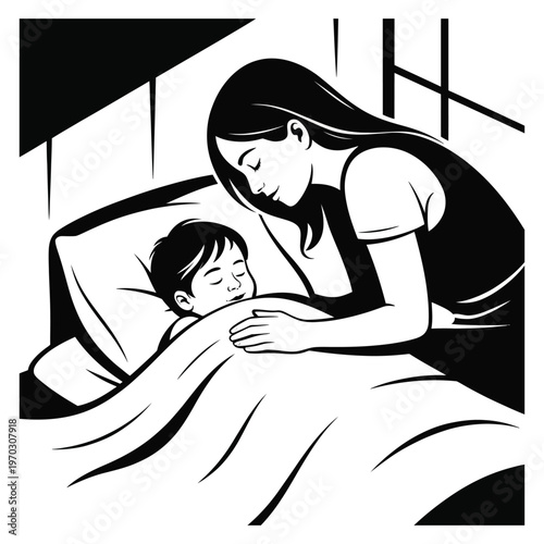 Black and white vector art of caring mother tucking her young sleeping son into bed at night showing bedtime routine maternal protection affection and peaceful domestic home life.
