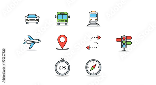 Travel and Transportation Vector Icon Set Featuring Wayfinding Symbols Navigation Arrows and Logistics Outline Graphics for Mapping Interfaces
