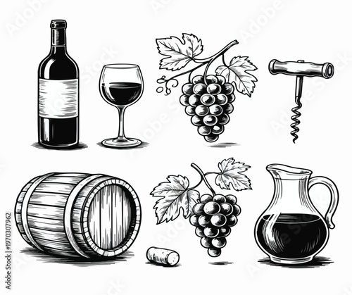 Vintage style hand drawn vector illustration of winemaking process with bottle, glass, grapes, corkscrew, barrel, cork and jug.