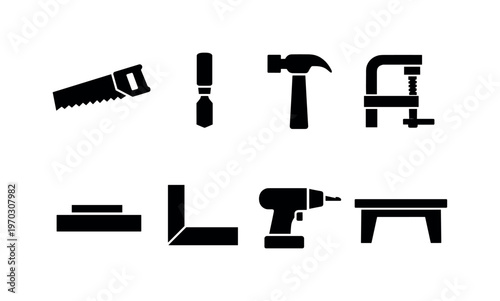 Woodworking tools: hand saw, chisel, hammer, wood plank, clamp, measuring square, drill, workbench