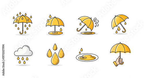 Yellow Umbrella and Rainfall Weather Vector Icons Set Cute Cartoon Precipitation Symbols for Forecasting Apps