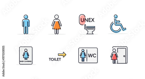 Restroom and Handicap Accessibility Signage Vector Icon Set for Public Facility Wayfinding and ADA Compliance Graphics