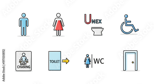 Public Restroom and Toilet Signage Outline Icons Set for Navigation and Facility Directional Vector Graphics