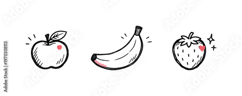 Simple fruit snack set theme  a horizontal row of 3 related hand-drawn objects on a white background: a small apple with a leaf and a tiny red dot